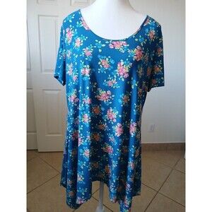 Prestige Edge Women's 1X Plus Stretch T-Shirt‎  Blue  Yellow Floral Short Sleeve